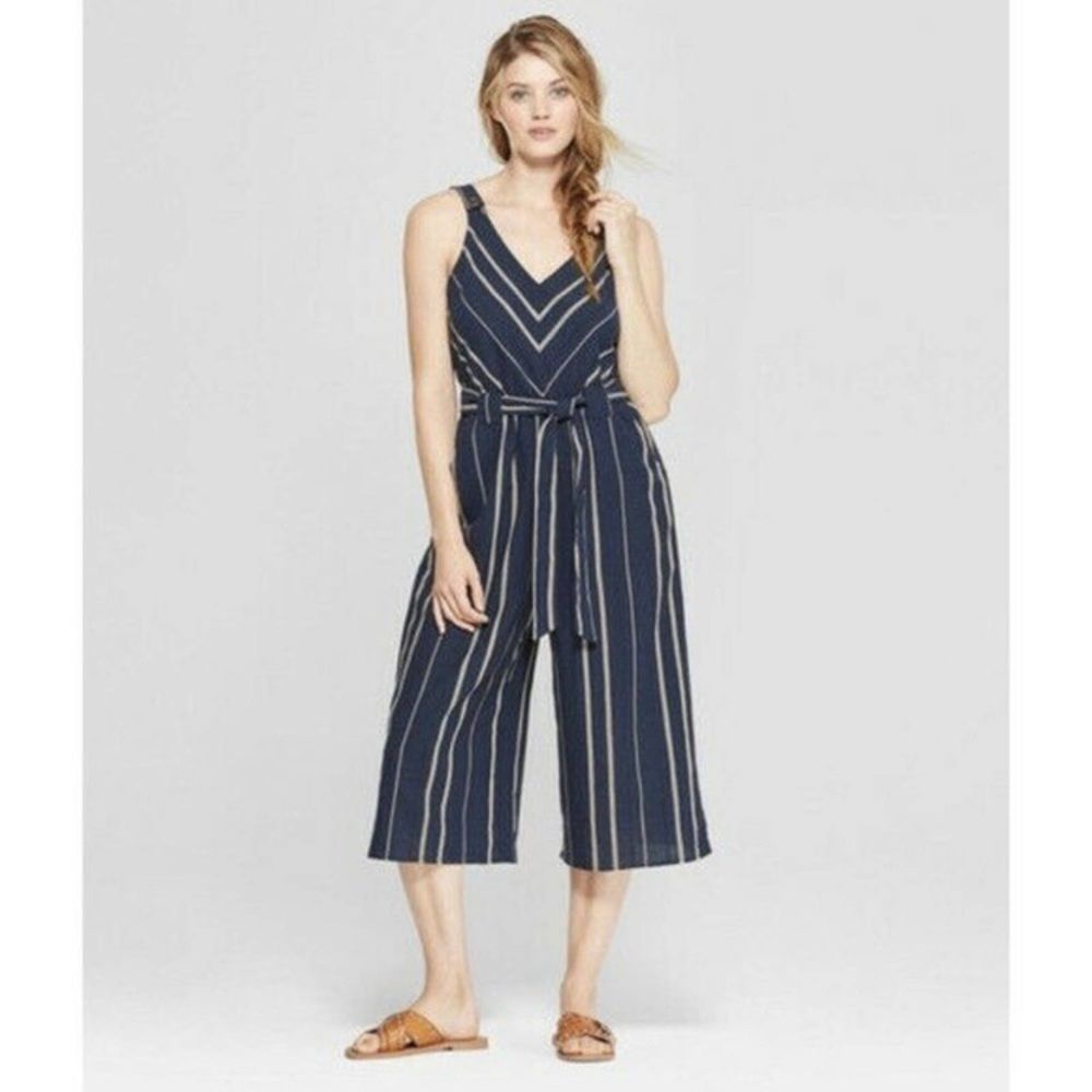 Universal Thread Blue/Cream Linen Jumpsuit XL